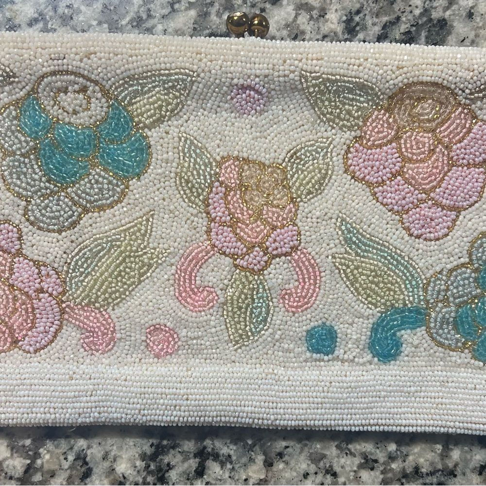 Elegant vintage Beaded Floral Clutch made in Belgium small bag.